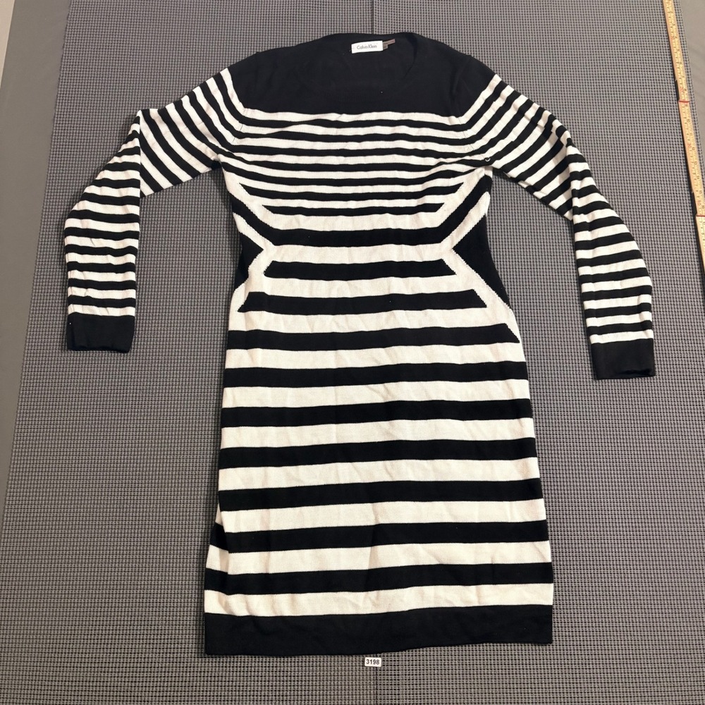 Calvin Klein Womens Black White Striped Long Sleeve Sweater Dress Size M